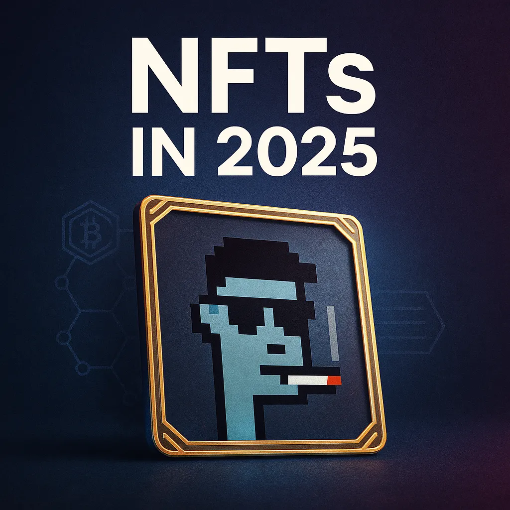 A digital artwork featuring a pixelated NFT character with sunglasses and a cigarette, framed in gold with the bold text “NFTs in 2025,” symbolizing blockchain-based digital ownership.