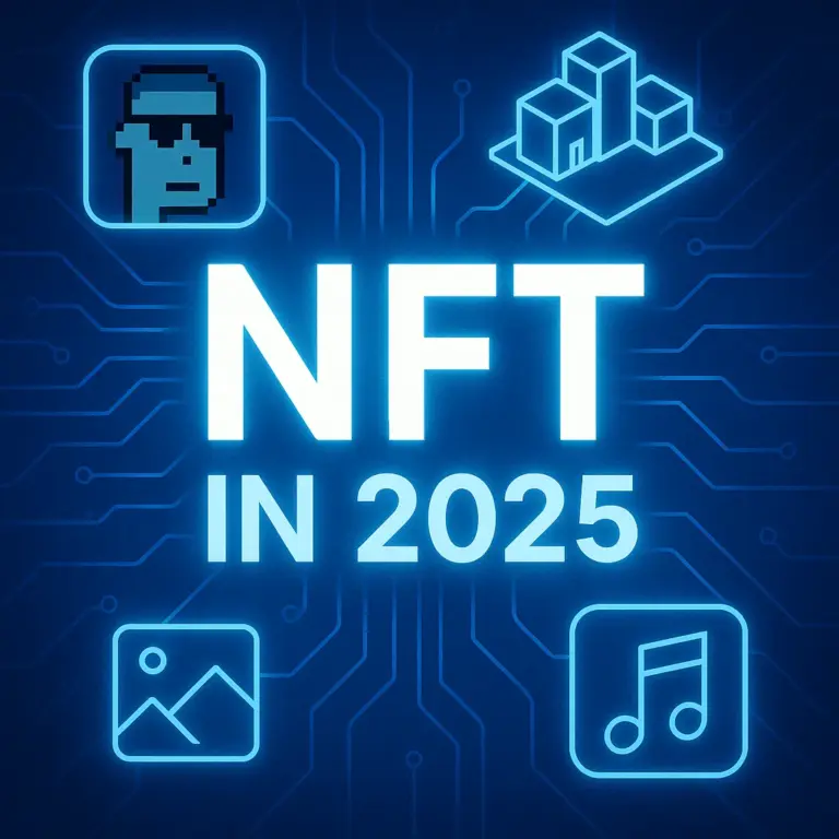 A glowing neon design with the text “NFT in 2025” surrounded by icons of a pixelated avatar, virtual buildings, a picture frame, and a music note, symbolizing NFT applications in art, real estate, gaming, and music.