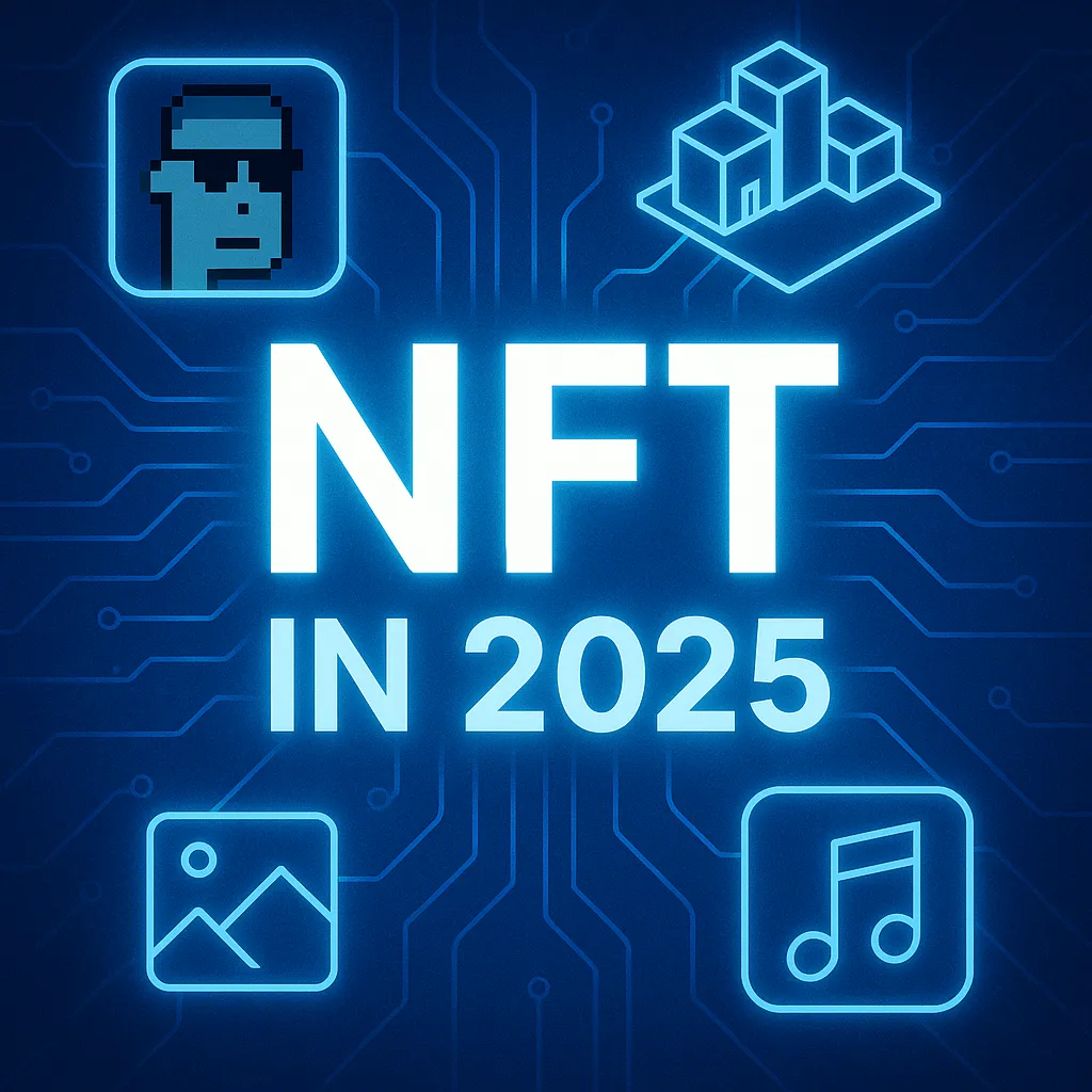 A glowing neon design with the text “NFT in 2025” surrounded by icons of a pixelated avatar, virtual buildings, a picture frame, and a music note, symbolizing NFT applications in art, real estate, gaming, and music.