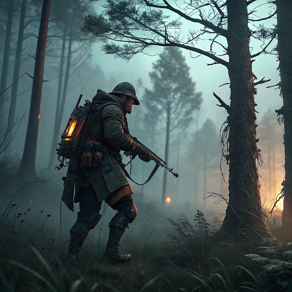 Lone soldier scouting through a misty forest, equipped with a lantern and rifle