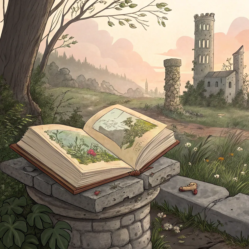 An open book sprouting plants, resting on a stone pedestal among the ruins of a tower in a misty medieval valley.