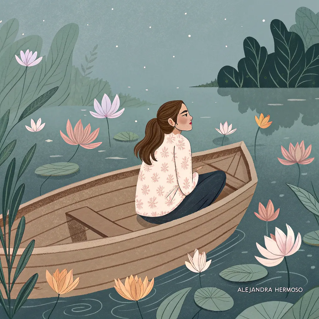 boat_of_lilies Peaceful digital painting of a woman sitting in a boat on a pond full of blooming water lilies under a calm sky.