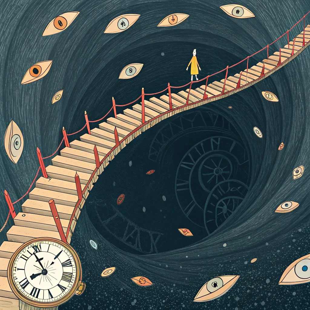 bridge_through_clock_eye_whirl A bridge made of pencils and ribbons crosses a vortex filled with eyes and floating clock gears.