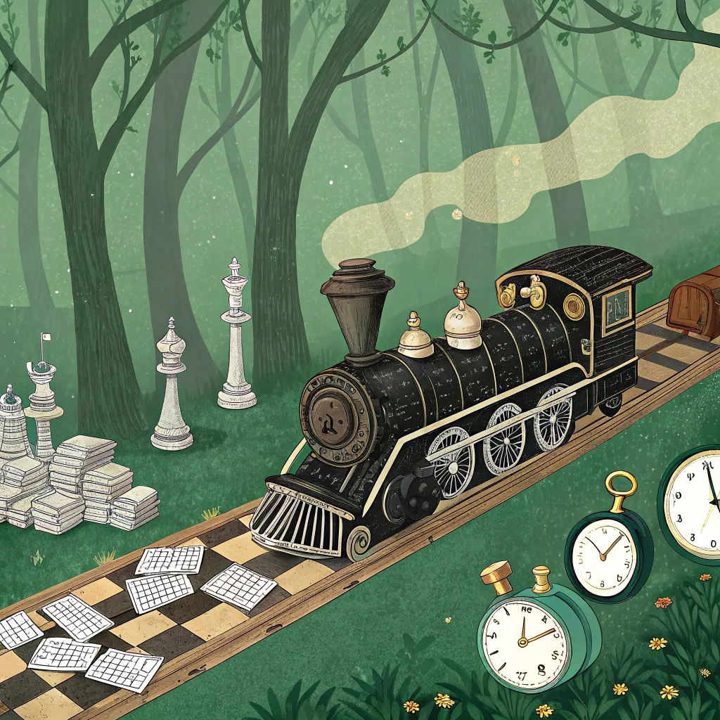 chess_train_forest A steam train built from chess pieces traveling through a forest on a chessboard railway, surrounded by clocks and papers.