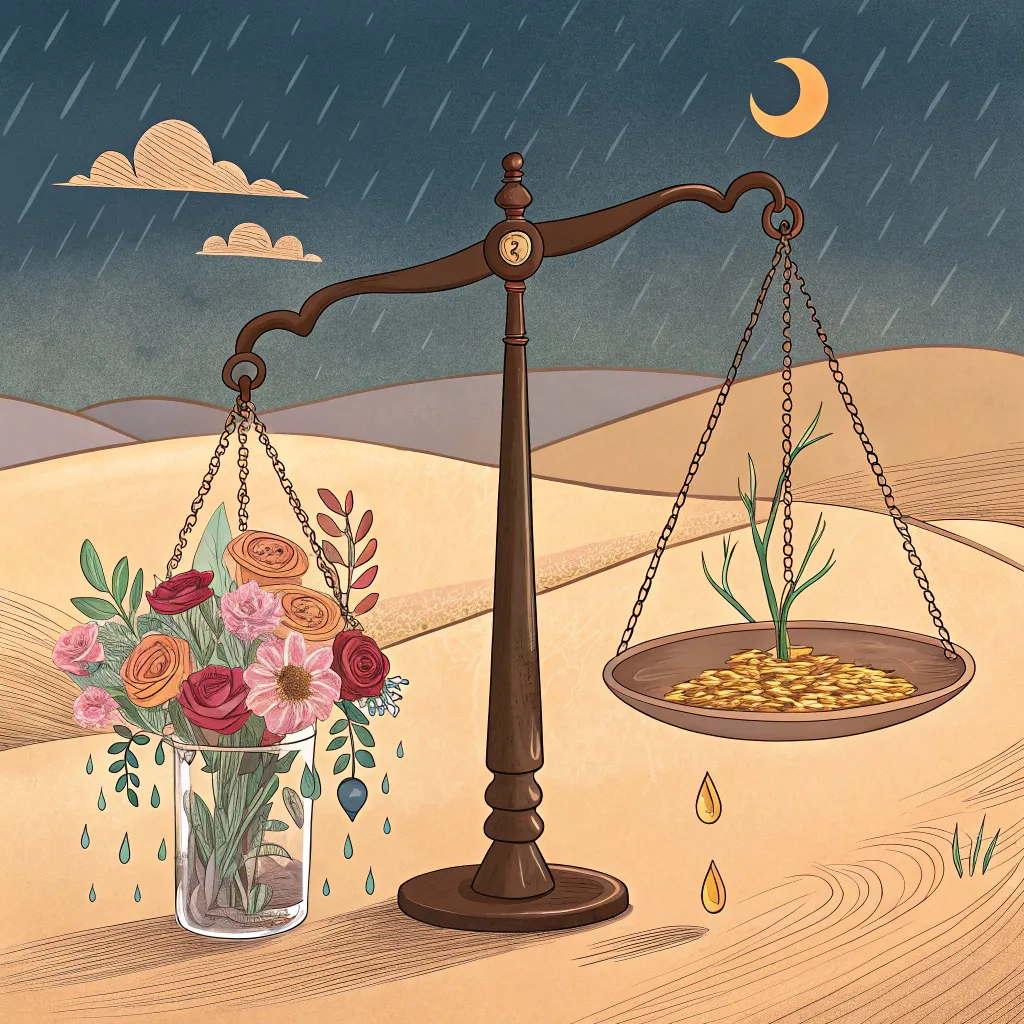 A dreamlike balance scale in a desert setting, weighing flowers against gold coins under a crescent moon and rain.