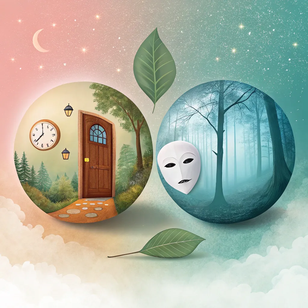 duality_worlds Two surreal spherical worlds colliding — one a forest with a mask, the other a doorway with a clock under a starlit sky.