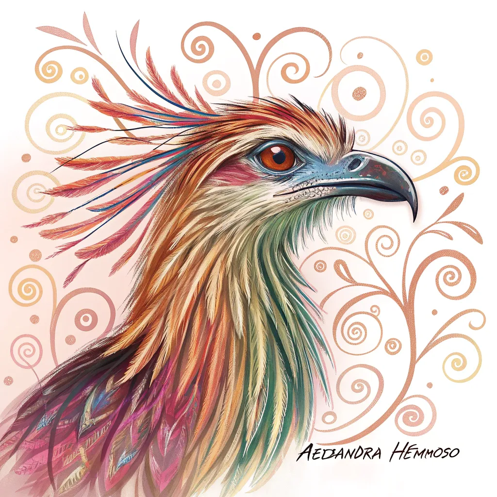 feathered_guardian A close-up stylized digital painting of a majestic multicolored bird with ornamental feather details and a swirled background.