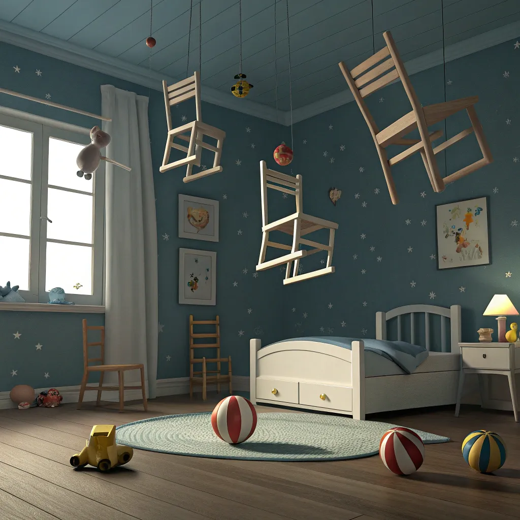 floating_chairs_childroom A surreal children’s room where wooden chairs and toys float mid-air, defying gravity in a dreamlike setting.