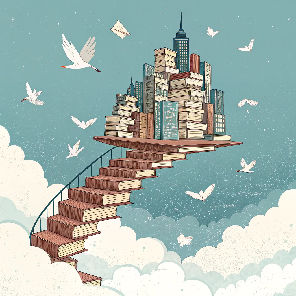 floating_city_of_books A city built from stacks of books, with stairs made of pages leading through the clouds, surrounded by birds.