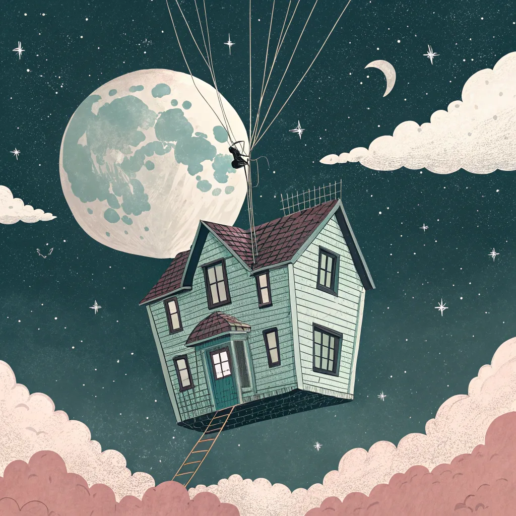 floating_house_moonlight A whimsical digital painting of a floating house tethered to the sky, with a moon and stars glowing in the background.