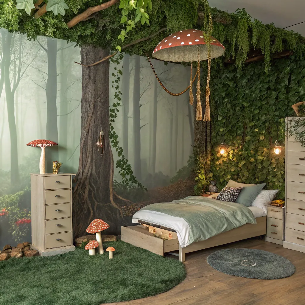 forest_bedroom_dreamscape A whimsical bedroom designed to resemble a mystical forest, with oversized mushrooms and lush greenery blending into the walls.