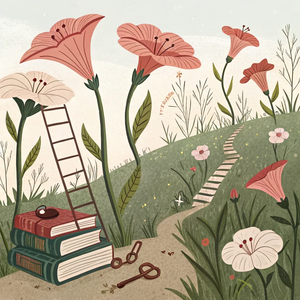 garden_of_paths Illustrated scene of oversized trumpet flowers, stacked books, ladders, and a winding path across a soft green hill.