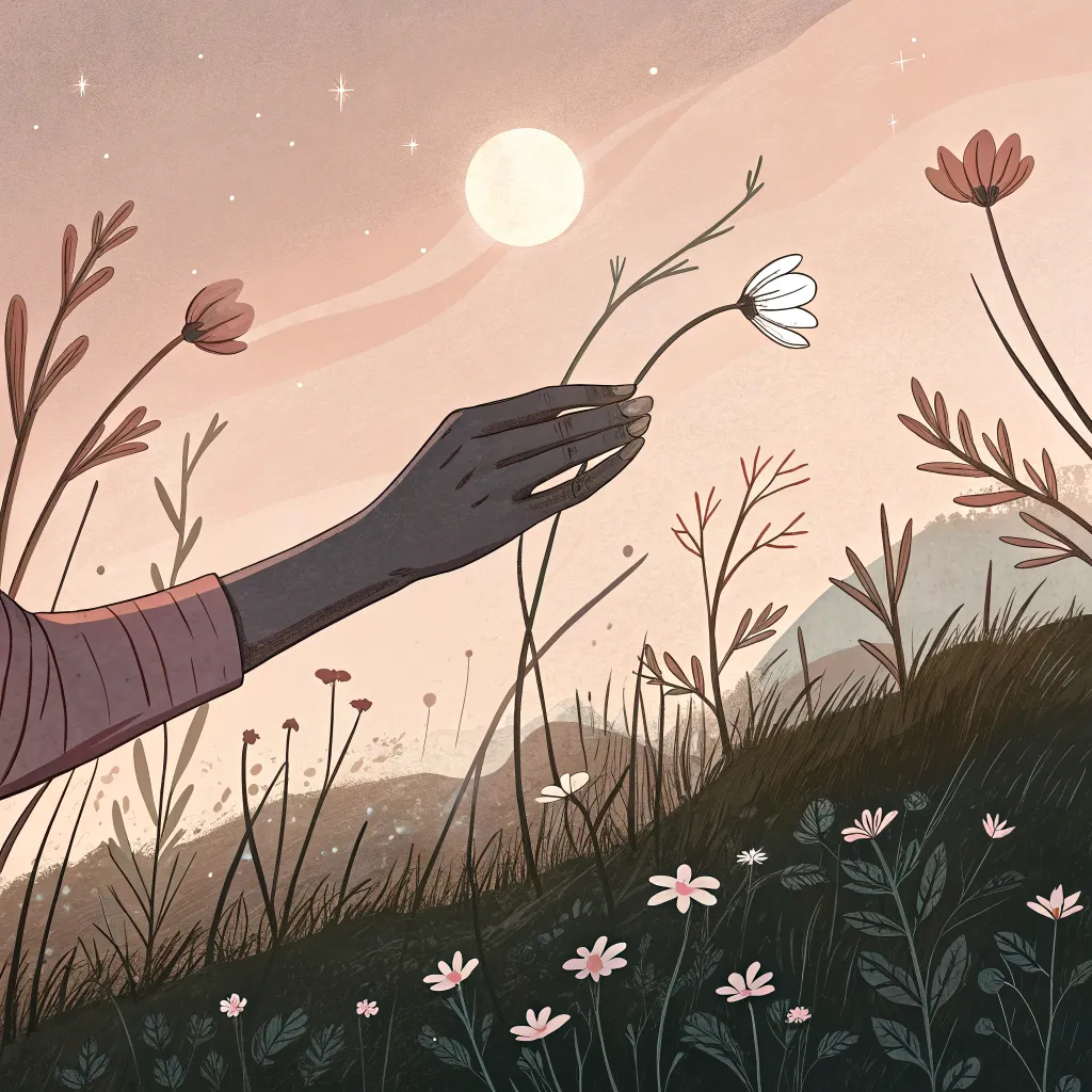 hand_reaching_flower_field A surreal painting of a hand reaching toward a single white flower in a moonlit field of wildflowers.