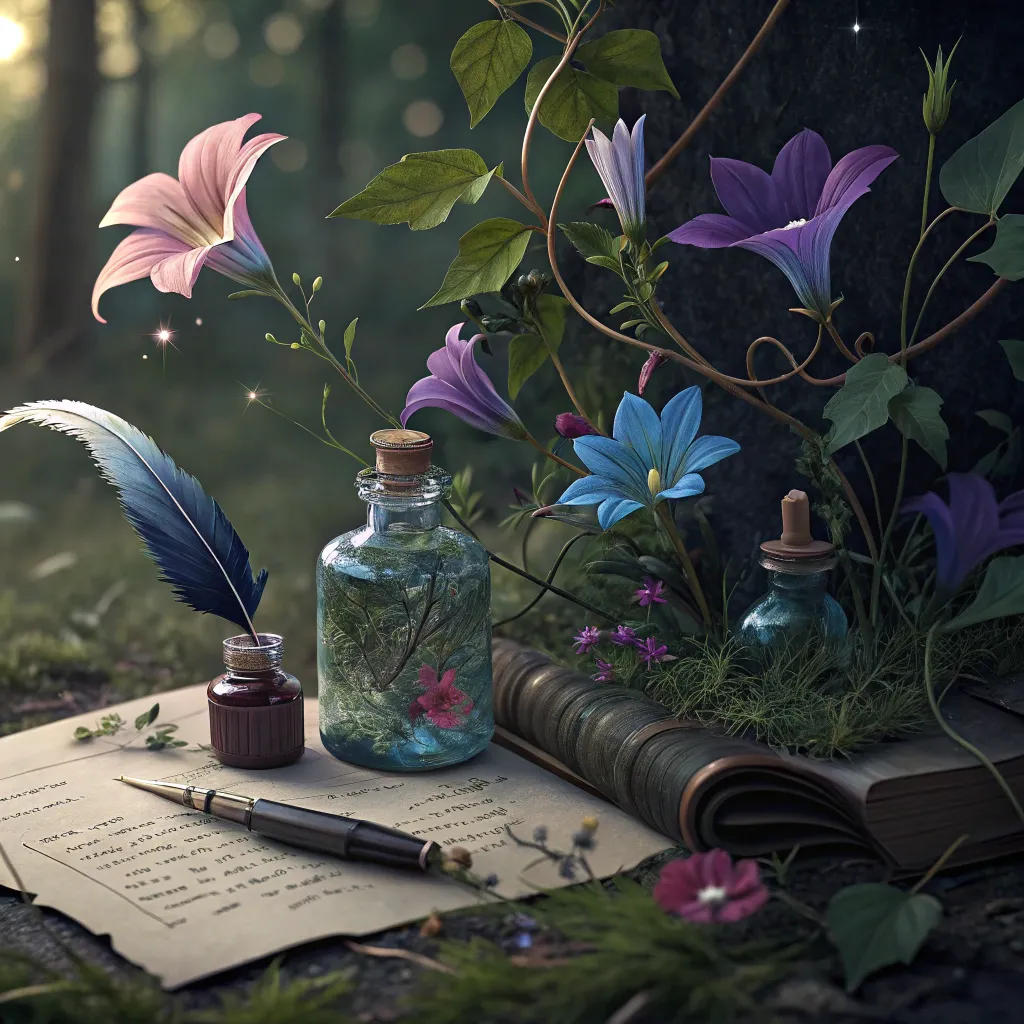 ink_bottle_flower_garden A garden of glowing flowers sprouting from ink bottles and old books, nestled in an enchanted woodland.