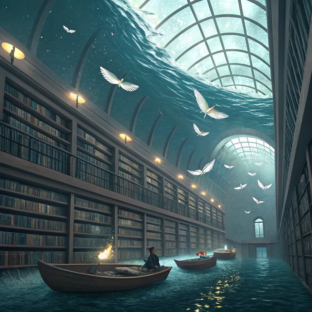 library_waves A surreal library where shelves line an underwater corridor, with boats floating and birds flying above.