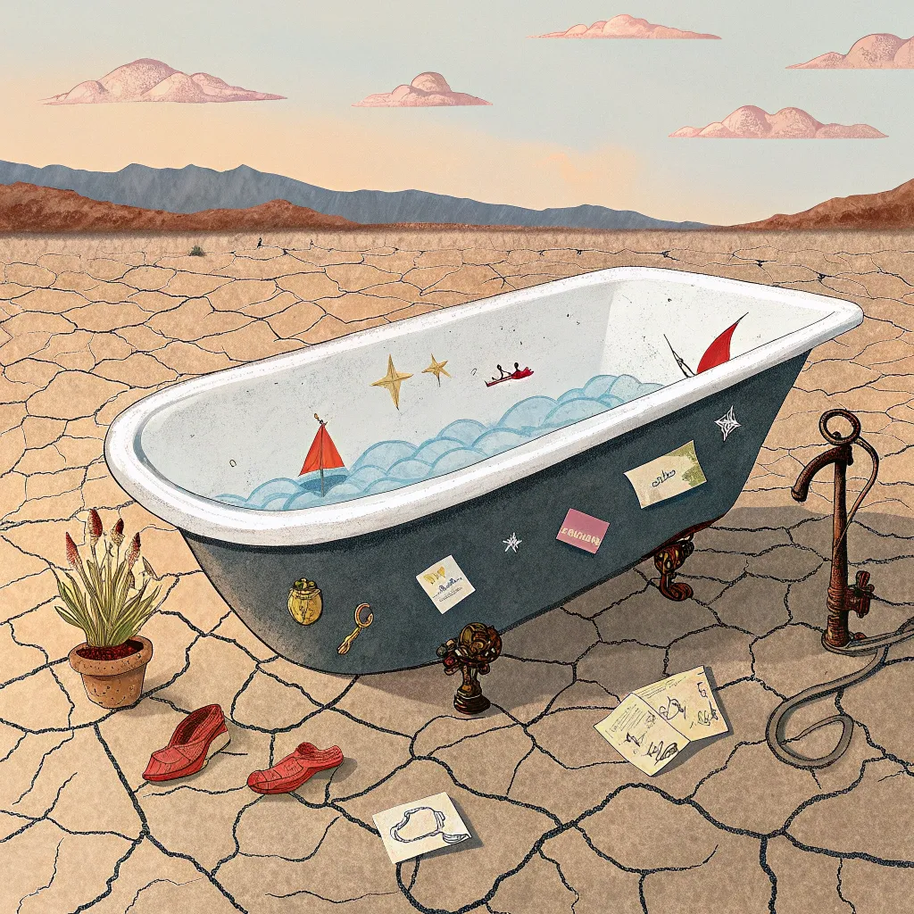 memory_bath_desert A surreal painting of a claw-foot bathtub in a cracked desert, filled with water and symbolic floating objects.