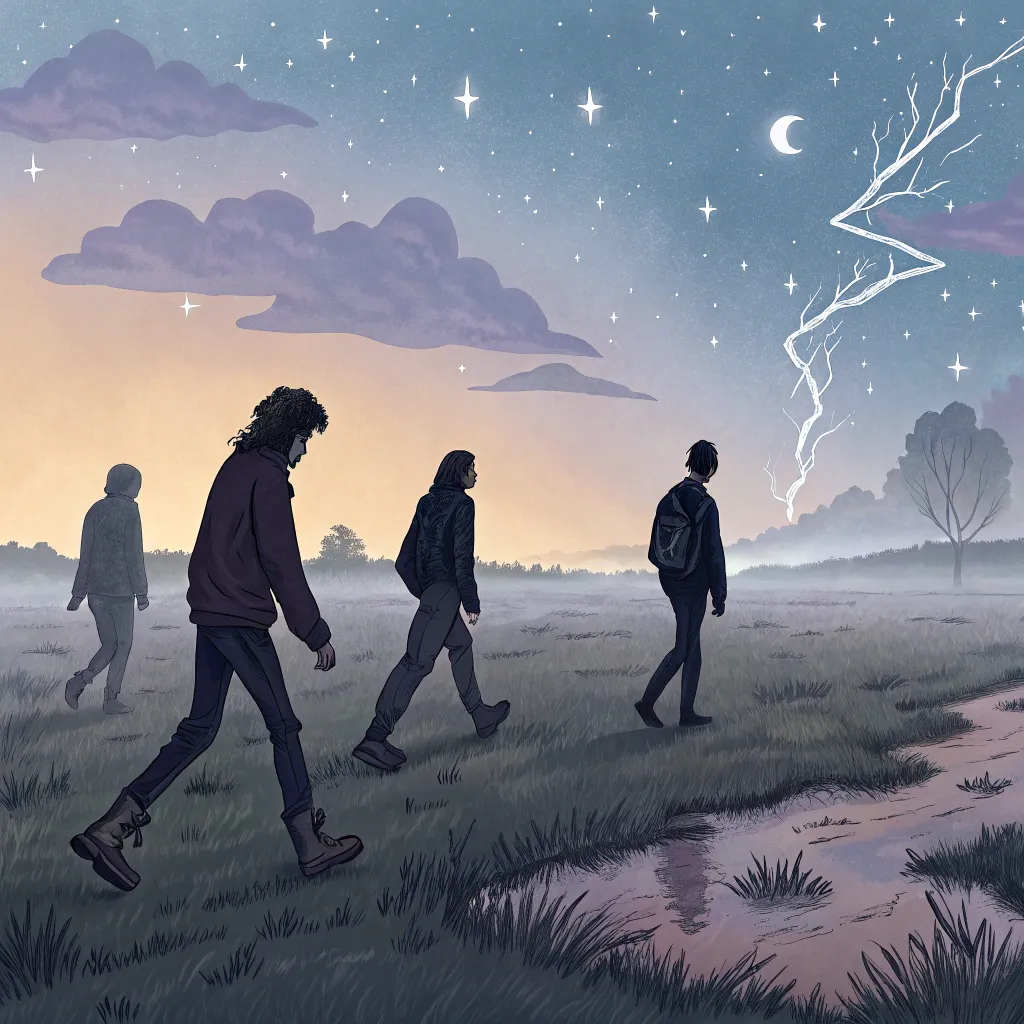 moonwalkers_field Illustrated group of people walking in a twilight field under a starlit sky, with lightning breaking the clouds.
