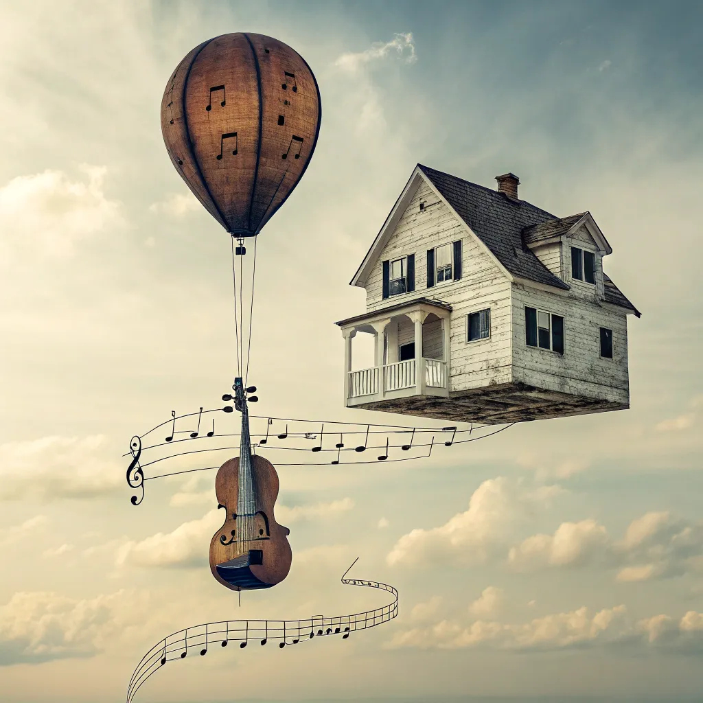 musical_balloon_house A vintage house suspended mid-air by a hot air balloon shaped like a cello, floating along musical notes.