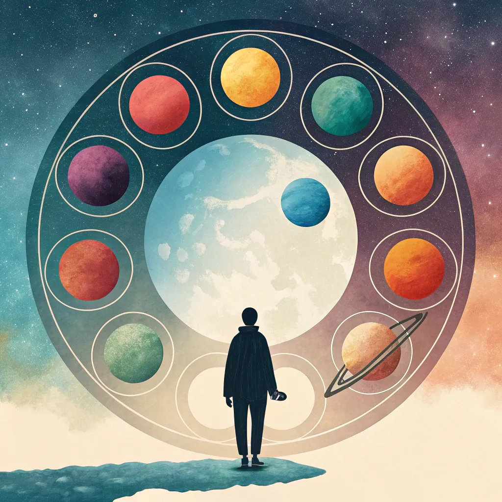 planetary_palette_orbit A surreal planetary wheel resembling a painter’s palette, with a figure gazing into orbiting colored moons.