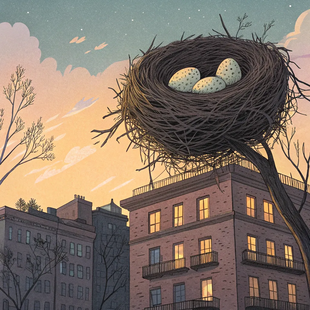 rooftop_nest_dream A giant nest with glowing eggs placed atop a building under a dreamy evening sky, in a surreal illustration.