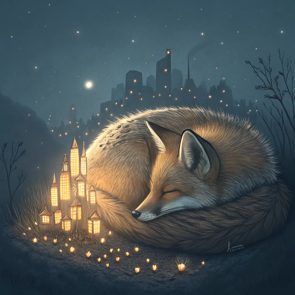 sleeping_fox_glowing_city A sleeping fox curled around a glowing miniature city, under a starry night sky with a distant silhouette of buildings.