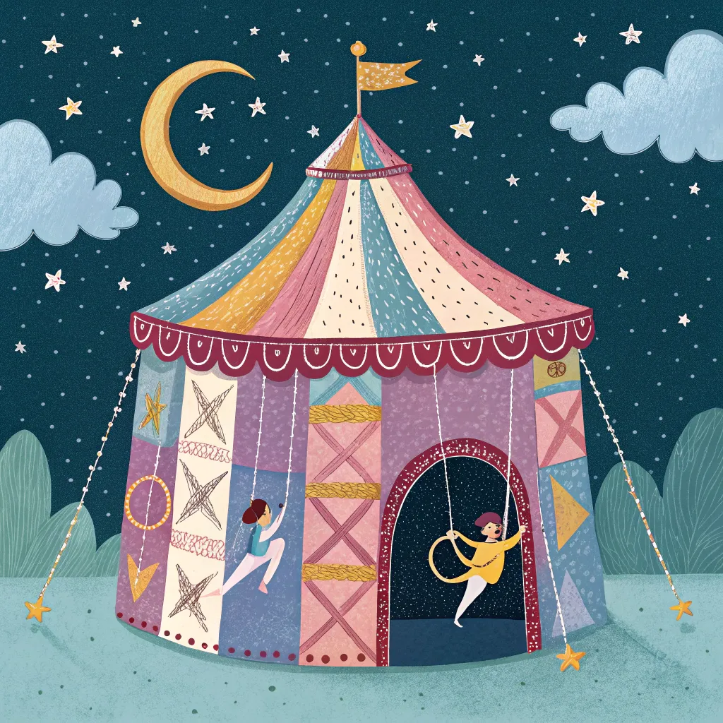 stitched_dreams_circus A circus tent crafted from patchwork fabrics, under a starry sky, where acrobats swing from magical threads.