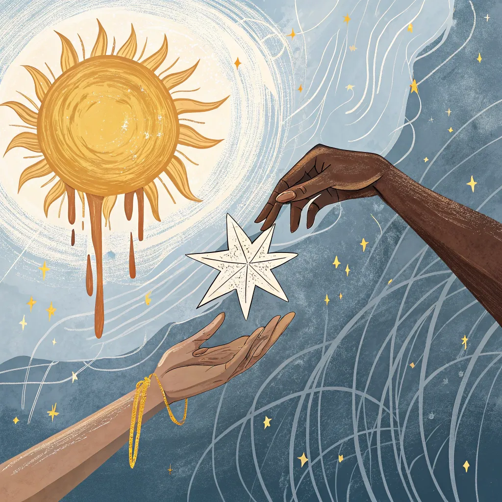 Two stylized hands exchanging a star beneath a melting sun, with flowing celestial lines and golden accents.