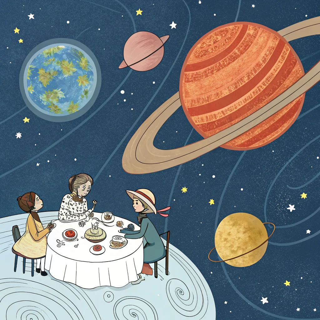 tea_party_space Three girls having a tea party on a distant planet, with giant planets orbiting around them.