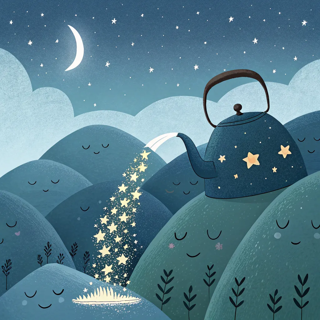 teapot_starfall A whimsical scene of a starry teapot pouring glowing stars onto a sleepy hillscape.