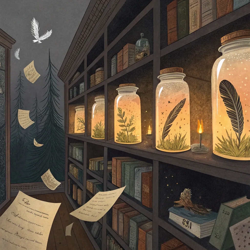 the_archivist_jars A surreal library scene with glowing jars containing feathers and plants, surrounded by floating papers and books.