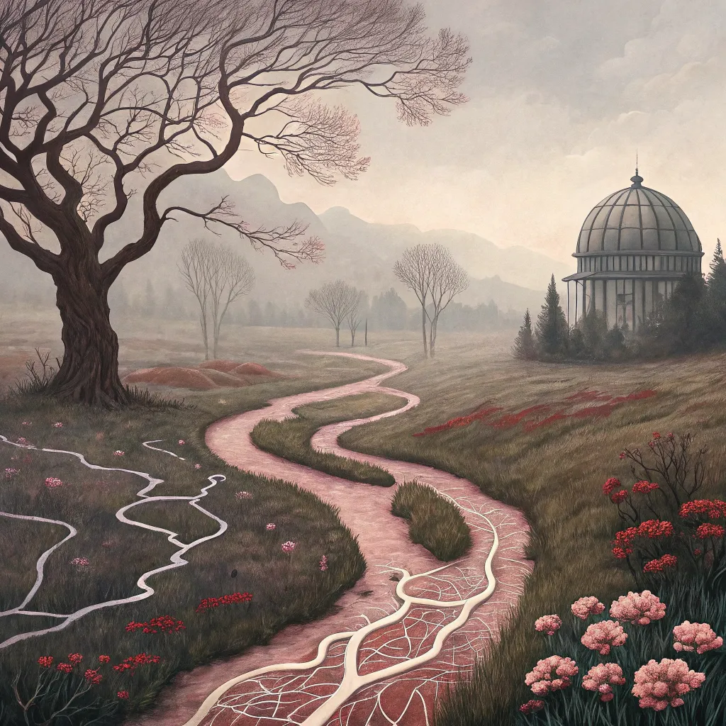 A surreal landscape with a winding river resembling human veins leading to a domed temple under a soft, cloudy sky.