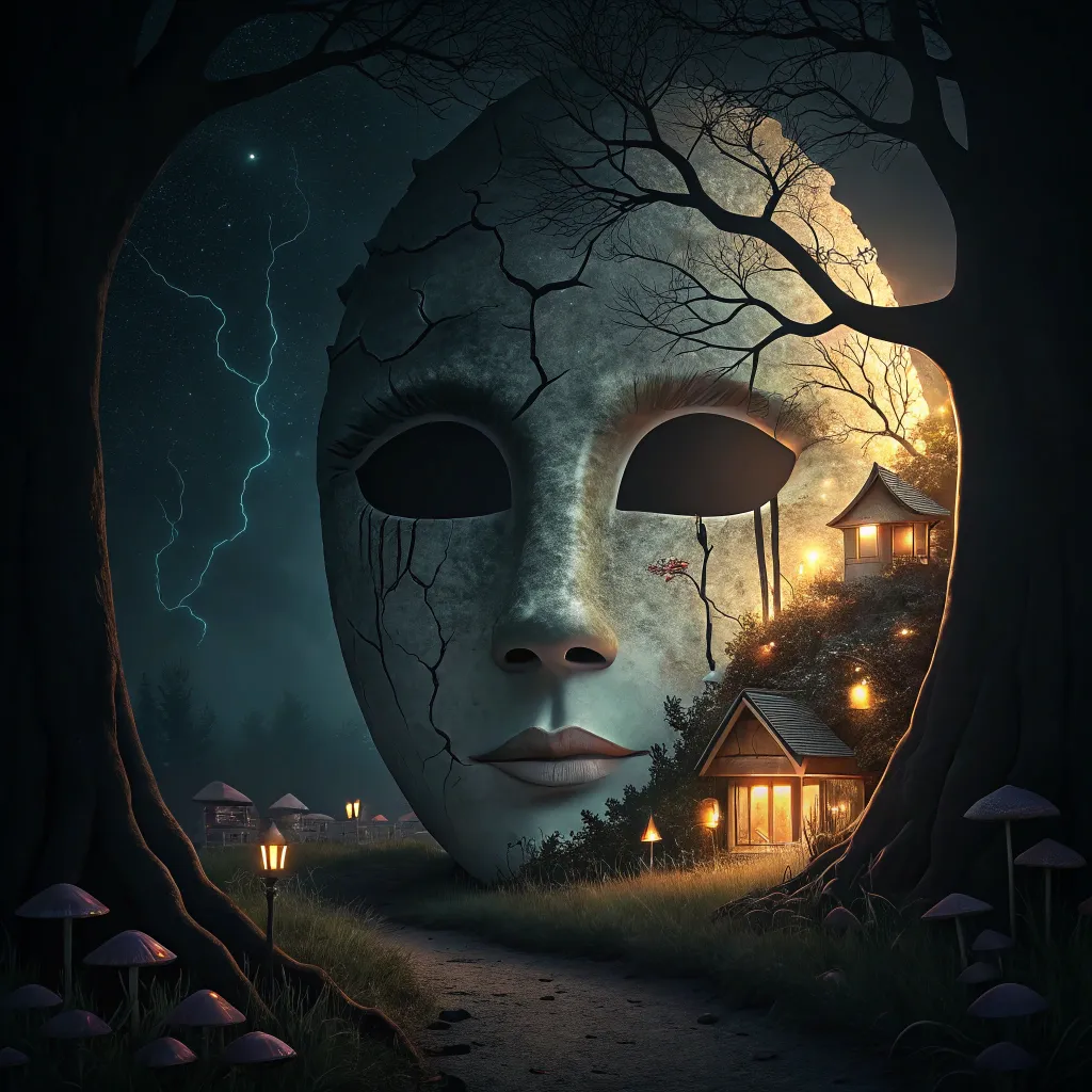 village_inside_giant_mask A giant stone mask cracked open to reveal a hidden village illuminated by lanterns under a stormy sky.