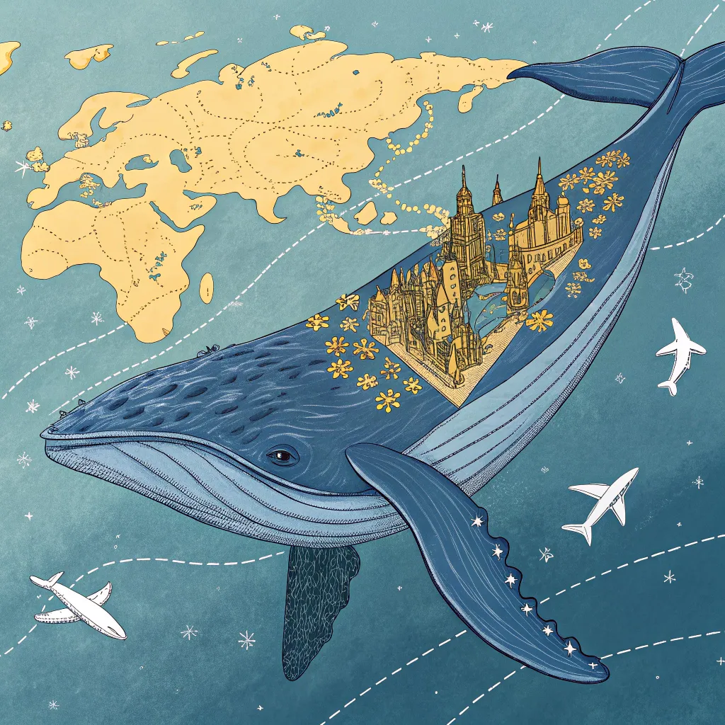 whale_map_city A giant whale with a city built on its back, surrounded by airplanes and a map of continents.