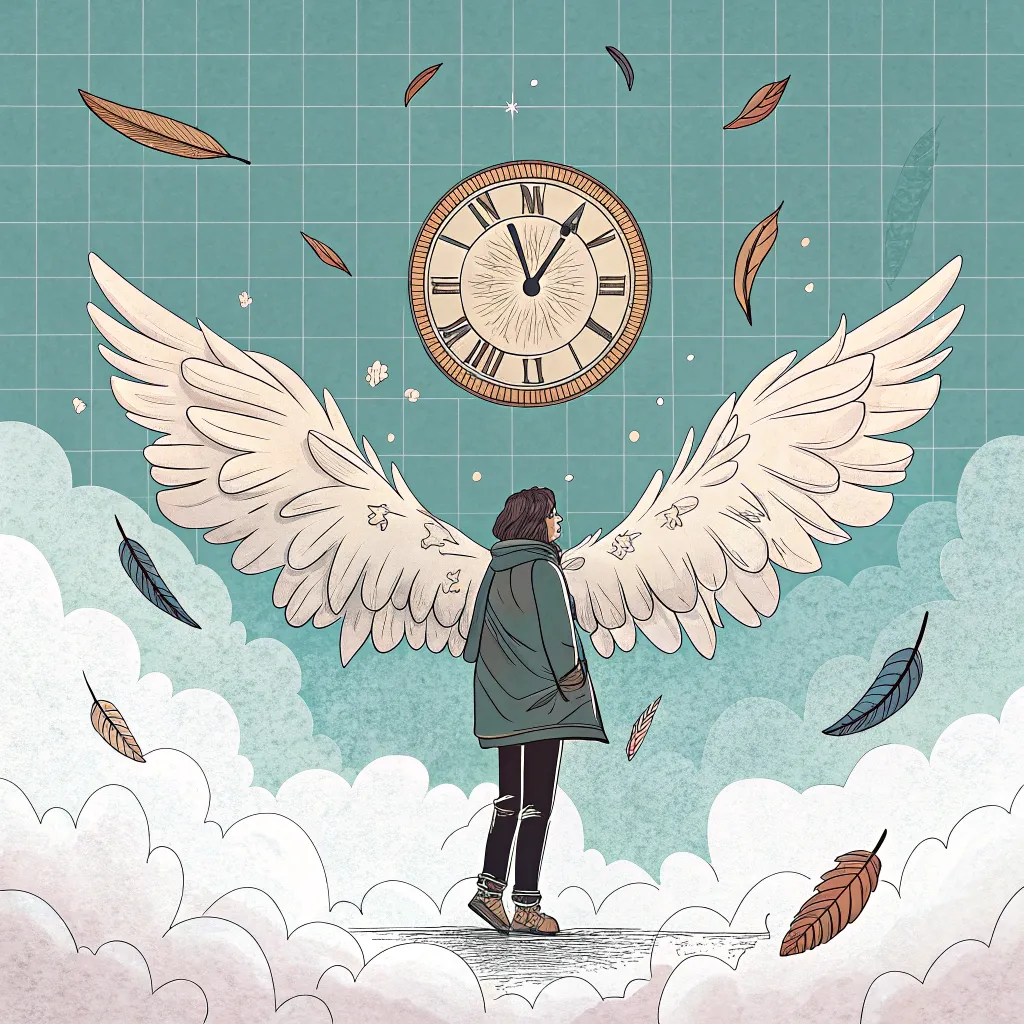 wings_of_time A stylized person with large white wings standing on clouds beneath a floating clock, surrounded by feathers.